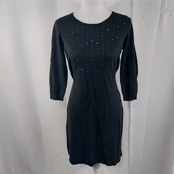 NWOT! ANN TAYLOR PETITE! LUXE BLACK & BLACK/SILVER RHINESTONE KNIT DRESS! SZ MP - Picture 2 of 11